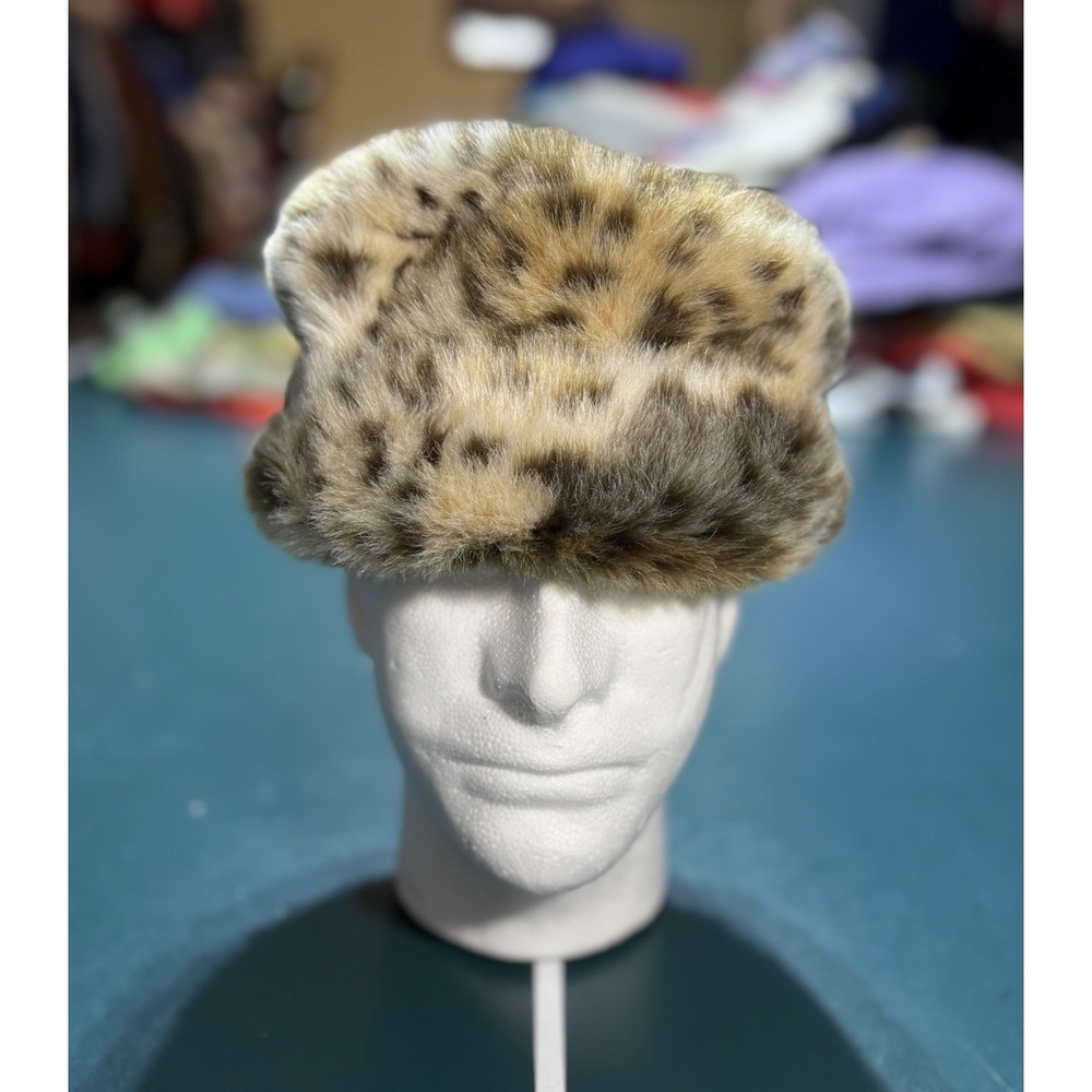 Vintage Leopard Print Faux Fur Bucket Hat‎ Brown Black Beige Women's One Size - Picture 1 of 7